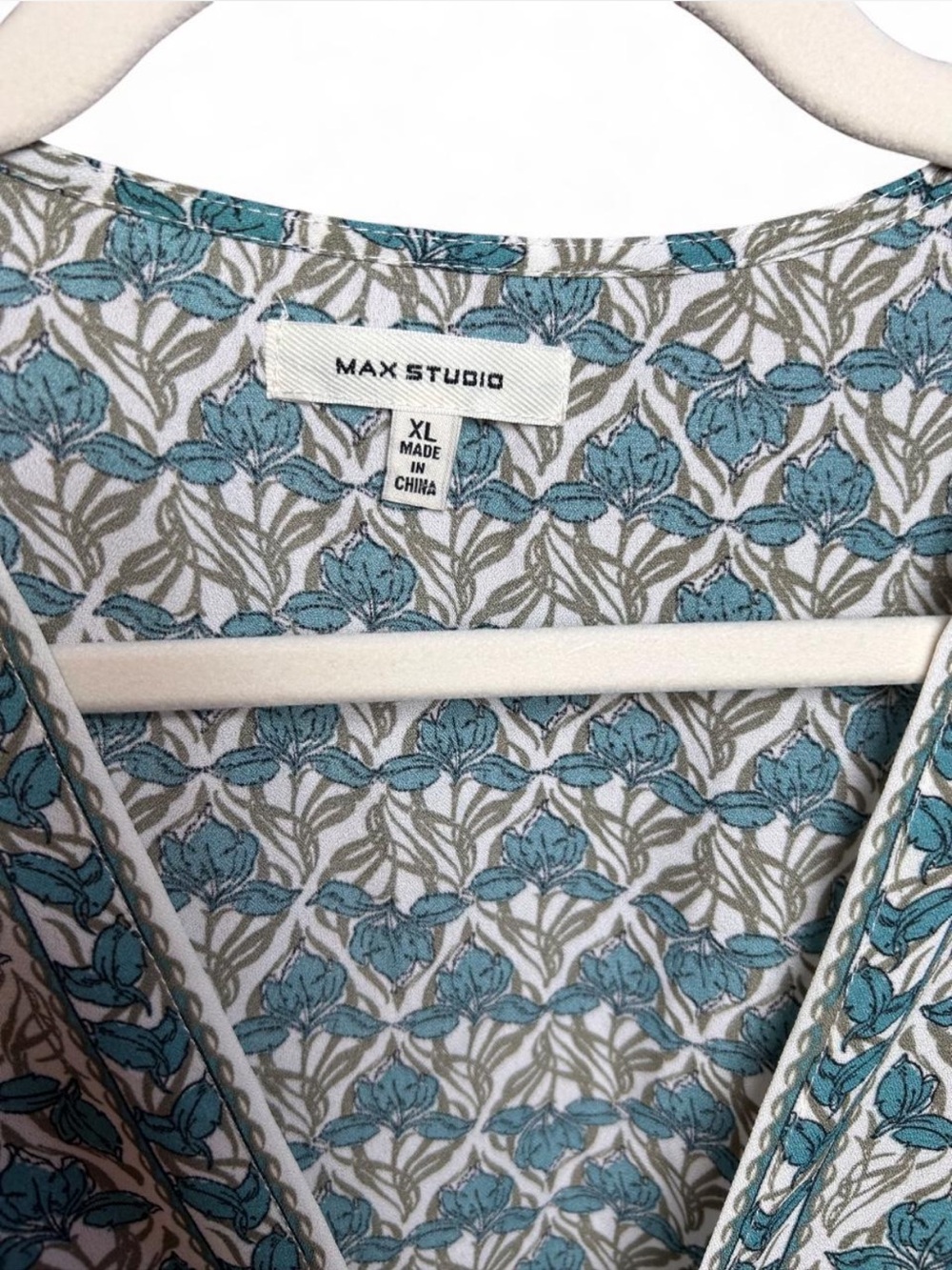 Max Studio Teal and Cream Floral V-Neck Tie-Waist Ruffle Sleeve Blouse - Picture 3 of 5